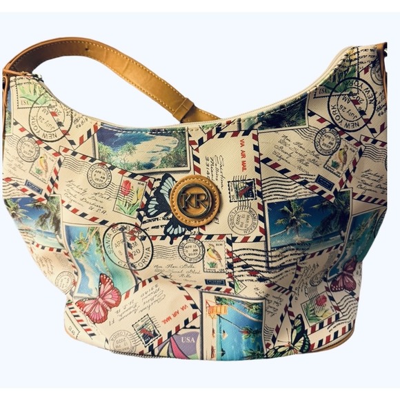 Kim Rogers Postcard Stamp Print Satchel Bag Medium Size Butterfly Purse Handbag - Picture 2 of 10